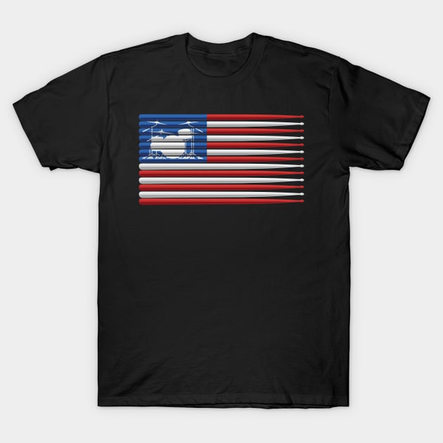 Patriotic USA American Flag Drumsticks Drummer T-Shirt by grendelfly73